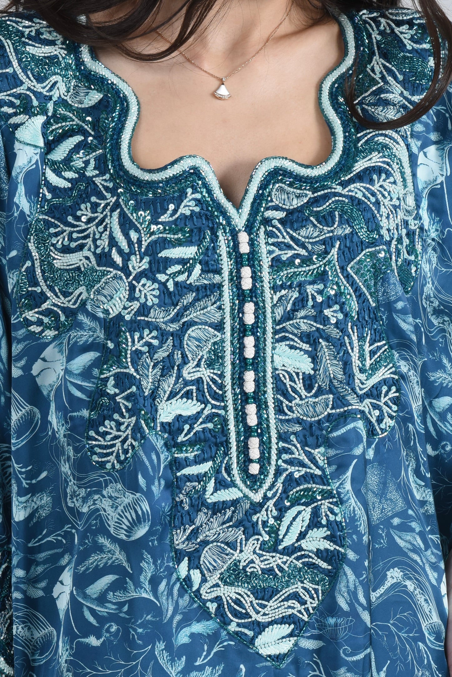 Oceanic Blue Embroidered- Curved Neck