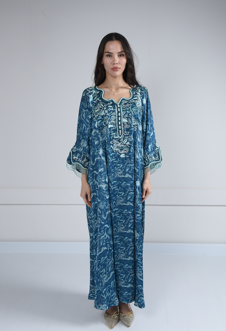 Oceanic Blue Embroidered- Curved Neck