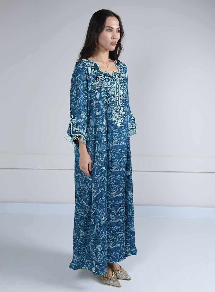 Oceanic Blue Embroidered- Curved Neck
