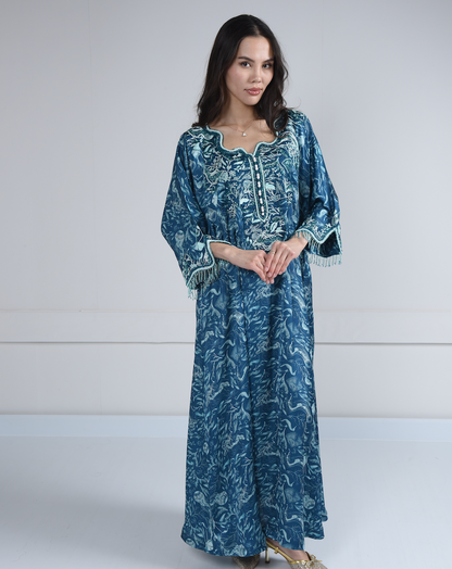 Oceanic Blue Embroidered- Curved Neck