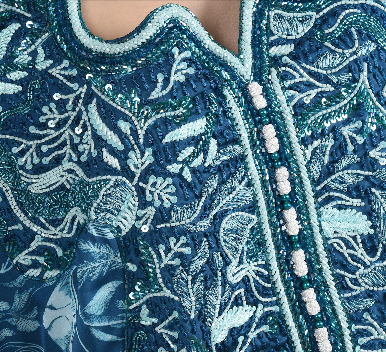 Oceanic Blue Embroidered- Curved Neck