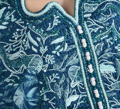 Oceanic Blue Embroidered- Curved Neck