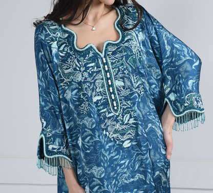 Oceanic Blue Embroidered- Curved Neck